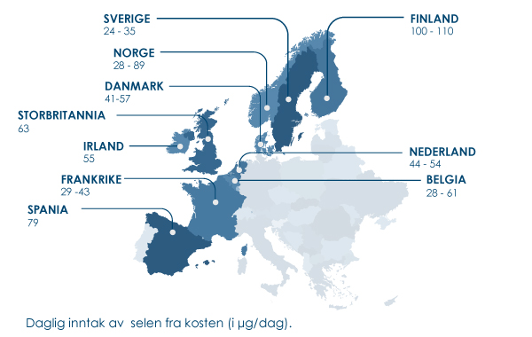 Kart med visse land og gjennomsnittlig inntak av selen i befolkningen 